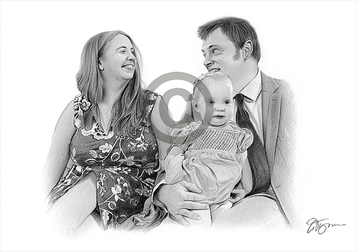 Pencil drawing commission of a family and baby
