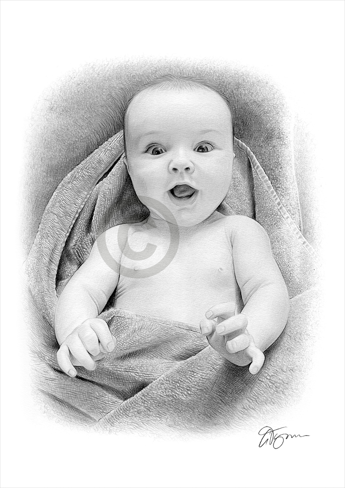 Portrait commission of a a baby in a blanket by artist Gary Tymon