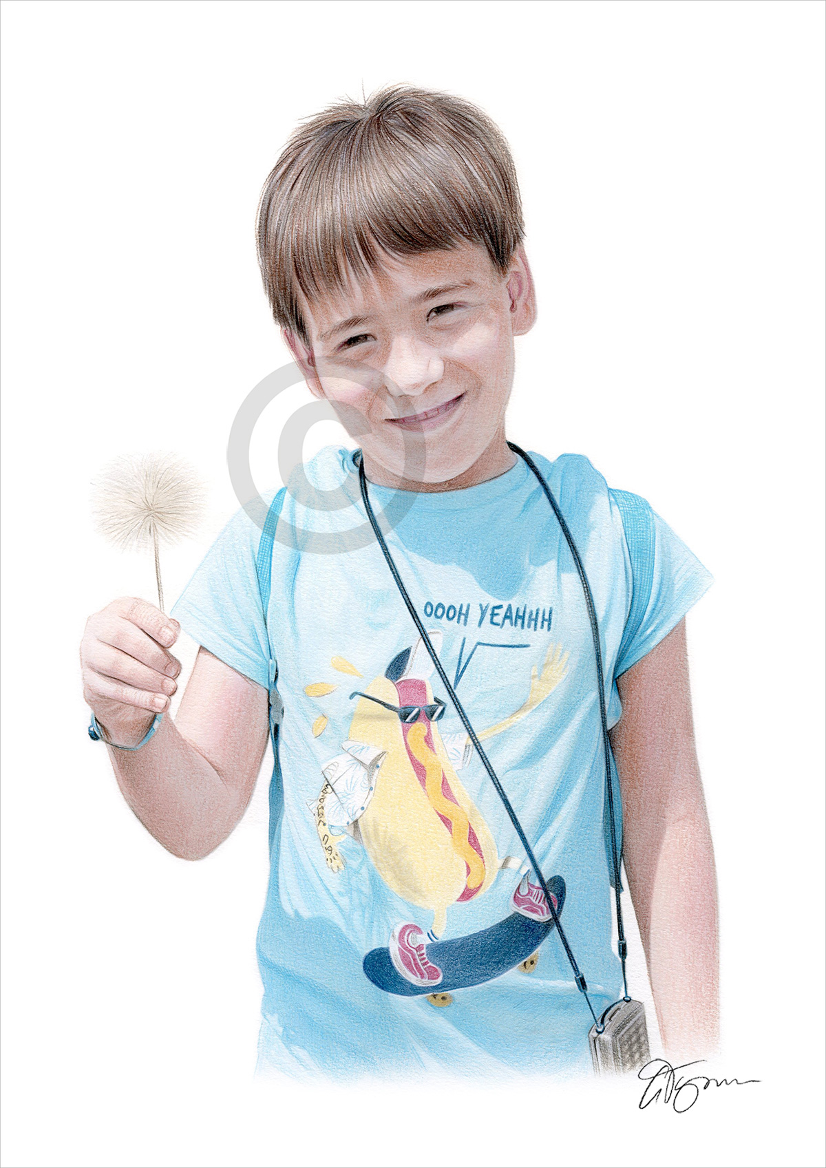 Pencil drawing commission of a boy holding a dandelion by artist Gary Tymon