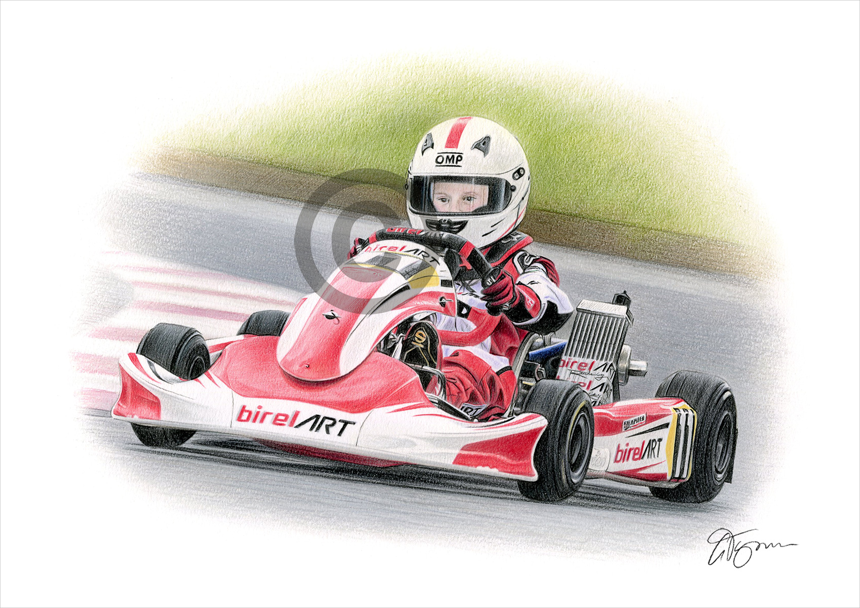 Pencil drawing of a boy in a racing kart Pencil drawing commission of a boy in a racing kart by artist Gary Tymon