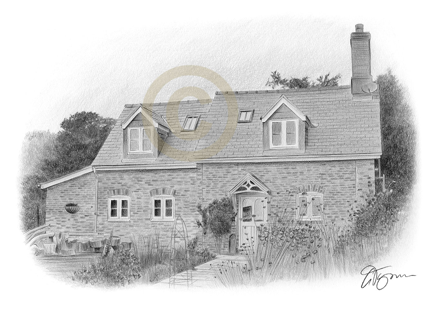 Pencil drawing commission of a country house by artist Gary Tymon