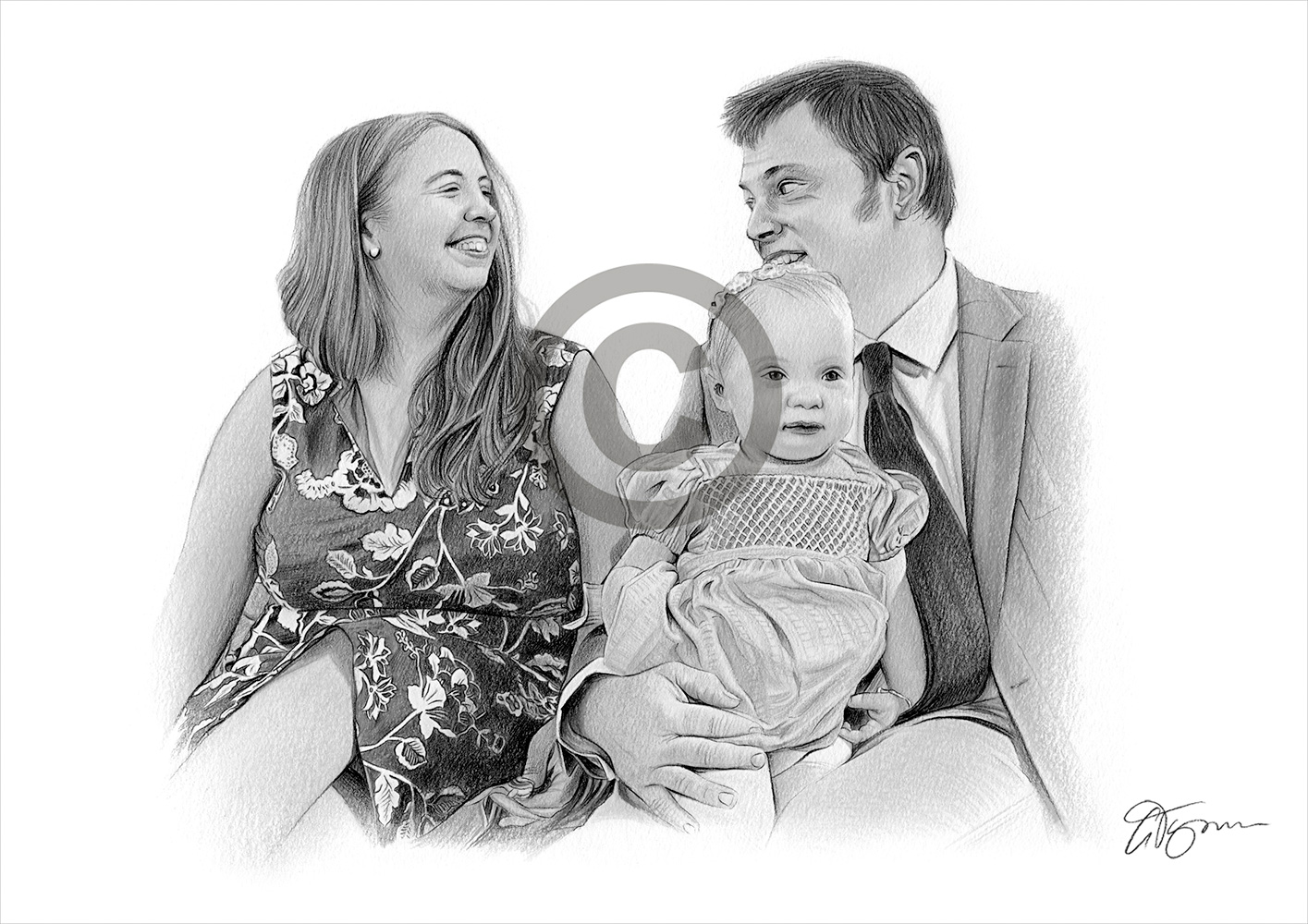 Pencil drawing commission of a family and baby by artist Gary Tymon