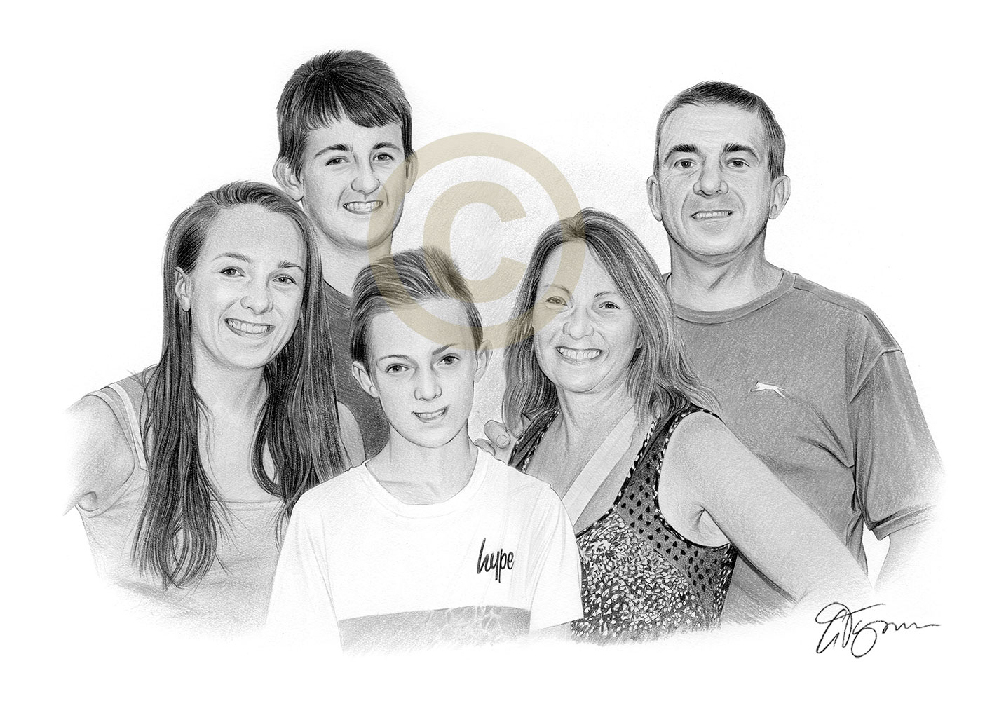 Pencil drawing commission of a family by artist Gary Tymon