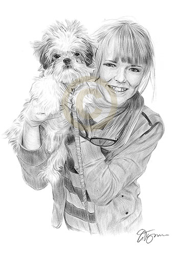 Pencil portrait commission of a girl and dog