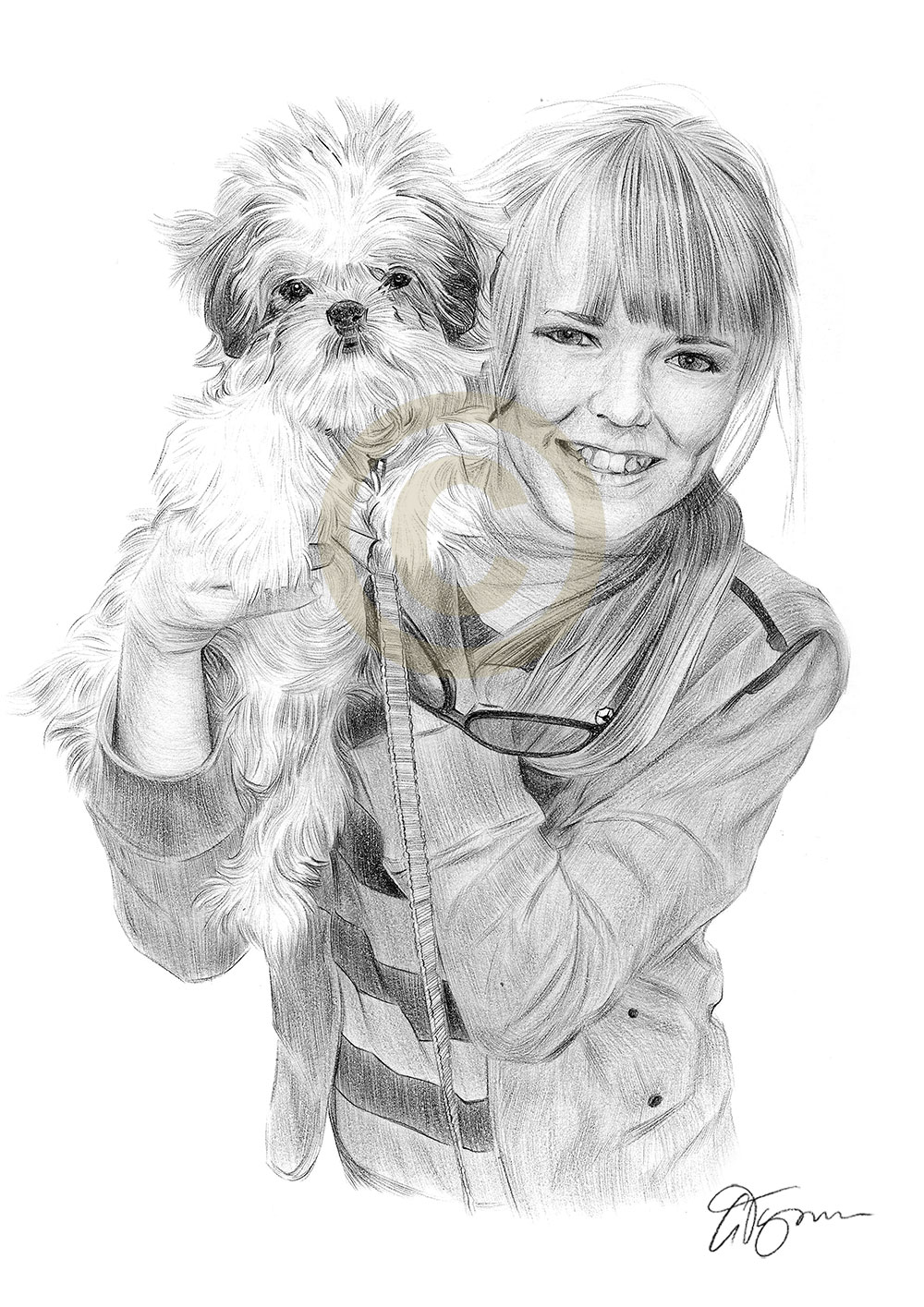 Pencil portrait commission of a girl and dog by artist Gary Tymon