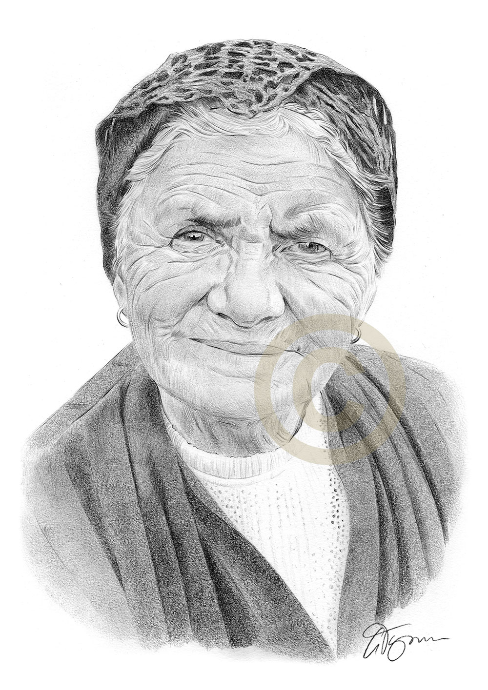 Pencil portrait commission of a grandmother by artist Gary Tymon