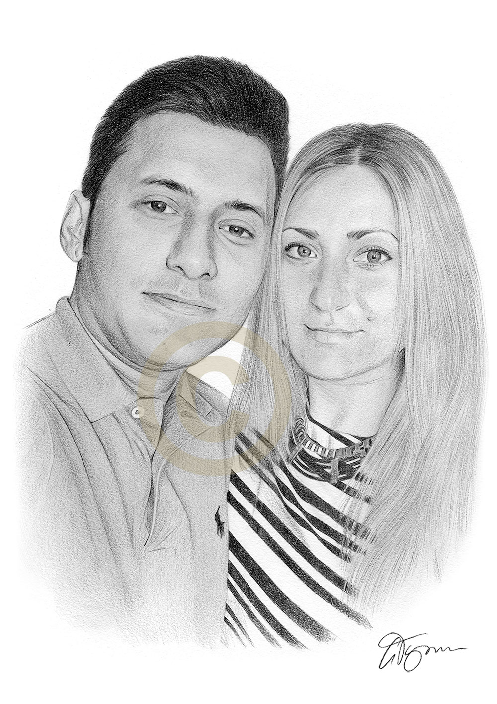 Pencil drawing commission of a happy couple by artist Gary Tymon