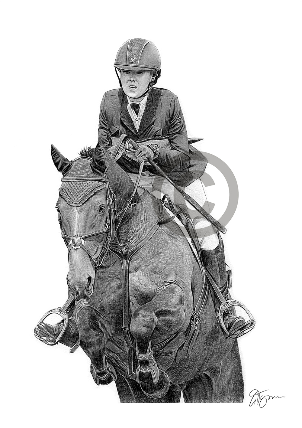 Pencil drawing commission of a horse and rider by artist Gary Tymon