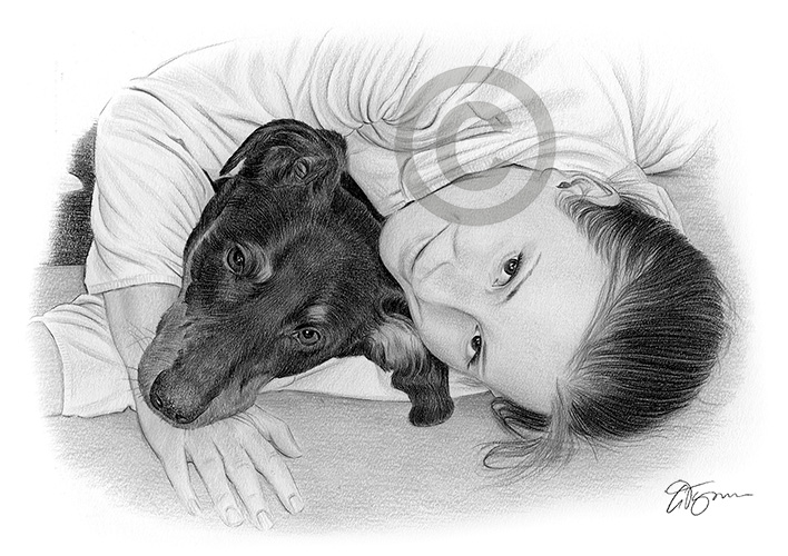 Pencil drawing commission of a dog and girl