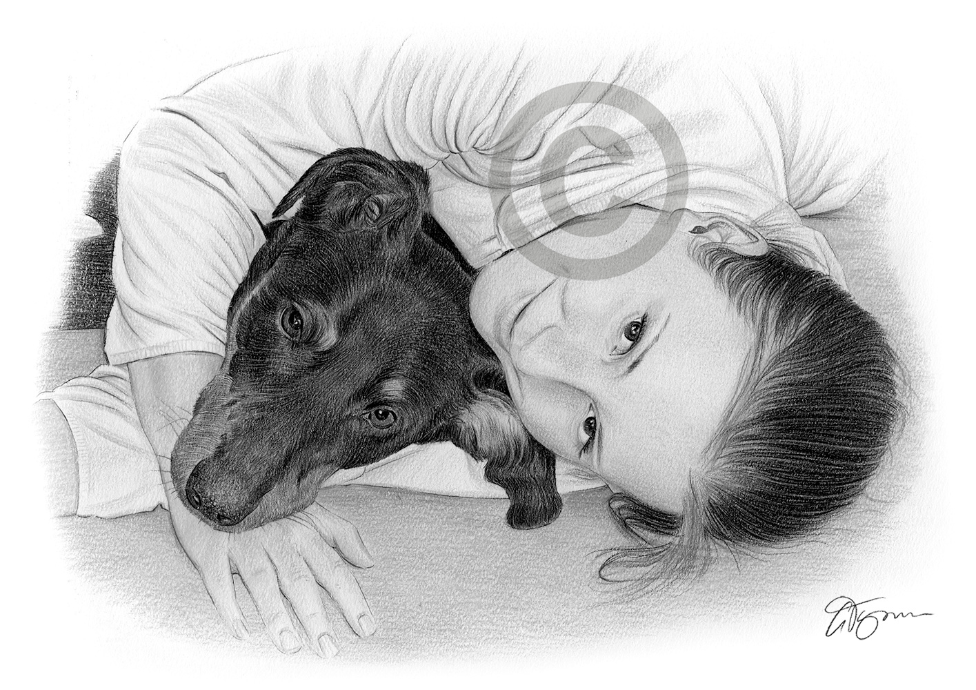 Pencil drawing commission of a dog and girl by artist Gary Tymon